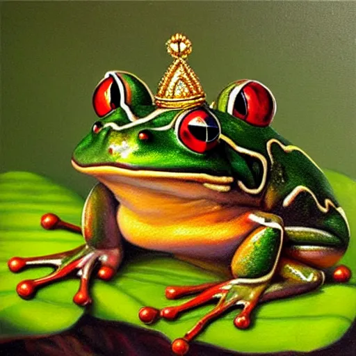 Image similar to beautiful oil painting painting of a frog wearing a crown in swamp