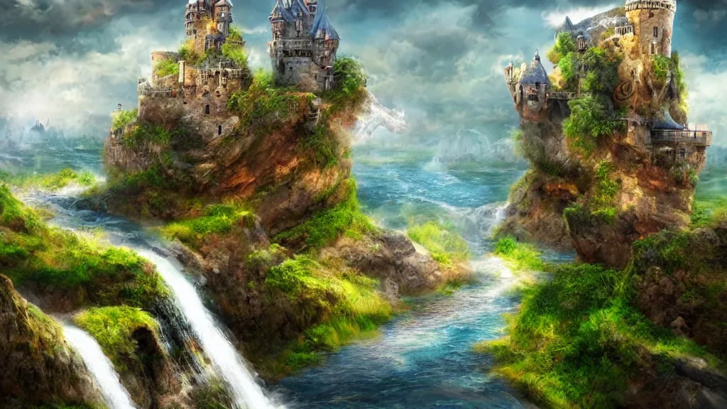 Image similar to floating castle with rivers flowing underneath, water falls, fantasy artwork, award winning, very very very very very very very beautiful scenery, hd, 4k, 8k, artstation