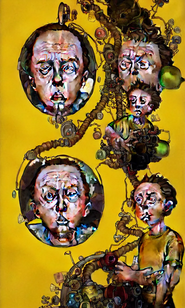 Image similar to hyper realistic portrait of an very young 1 2 yr dumb roundheaded round head morty, from rick and morty, worried, yellow t - shirt, portal in the background, by lee bermejo, alphonse mucha and greg rutkowski