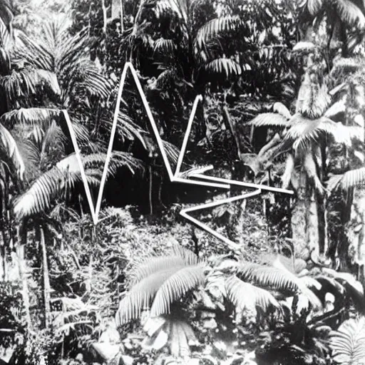 Prompt: a rizom lost film footage of a 3 d shape in the middle of the tropical jungle / tropicalism / tropicalism / tropicalism / film still / cinematic / enhanced / 1 9 2 0 s / black and white / grain