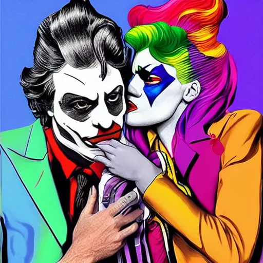 Image similar to richard hamilton and mimmo rottela as lady gaga harley queen and joaquin phoenix joker kissing, pop art, medium long shot, 2 color, justify content center, object details, dynamic composition, 4 k, ultra realistic art, smooth, sharp focus, illustration, concept art, intricate details, h 7 6 8