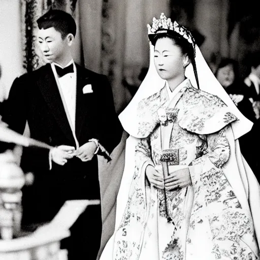 Image similar to An extreme closeup shot, colored black and white Russian and Japanese mix historical fantasy photographic portrait of a Royal wedding of the empress and emperor exchanging the wedding rings, golden hour, warm lighting, 1907 photo from the official wedding photographer for the royal wedding.