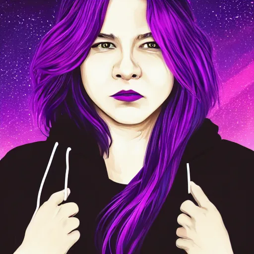 Image similar to poster artwork, sci fi, a female, full body, black hoodie techie, black hair with purple streaks, 8 k