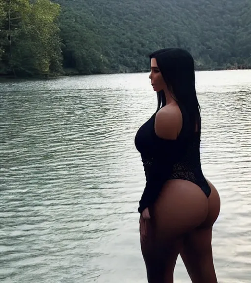 Image similar to rear waist photo still of kim kardashian wearing a tightly fitted thong, standing by a lake, intricate, elegant, highly detailed, smooth, sharp focus.