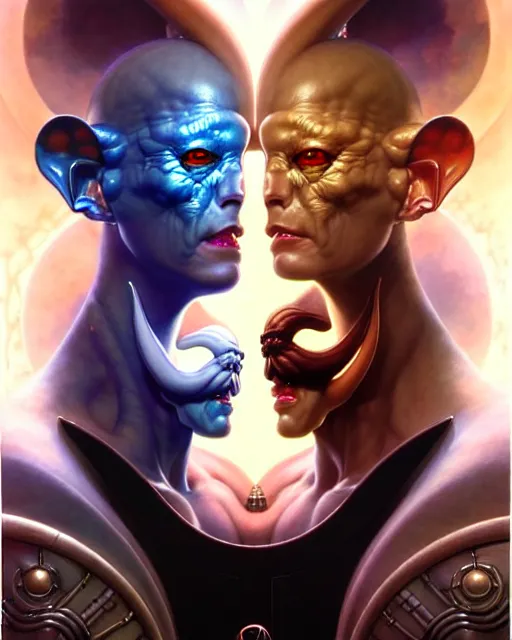 Image similar to a portrait of gemini good and evil fantasy character portrait facing each other, ultra realistic, wide angle, intricate details, the fifth element artifacts, highly detailed by peter mohrbacher, hajime sorayama, wayne barlowe, boris vallejo, aaron horkey, gaston bussiere, craig mullins