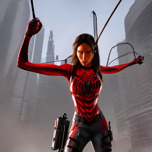 Image similar to Lara croft as spiderwoman, intricate, highly detailed, smooth, sharp focus, illustration, Unreal Engine 5, 8K,