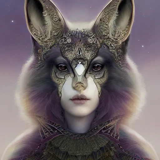 Image similar to tom bagshaw, soft painting fractal curiosities carnival, very beautiful fox female nightshade armor, symmetry accurate features, focus, very intricate ultrafine details, black white purple volumetric clouds, award winning masterpiece, octane render 8 k hd