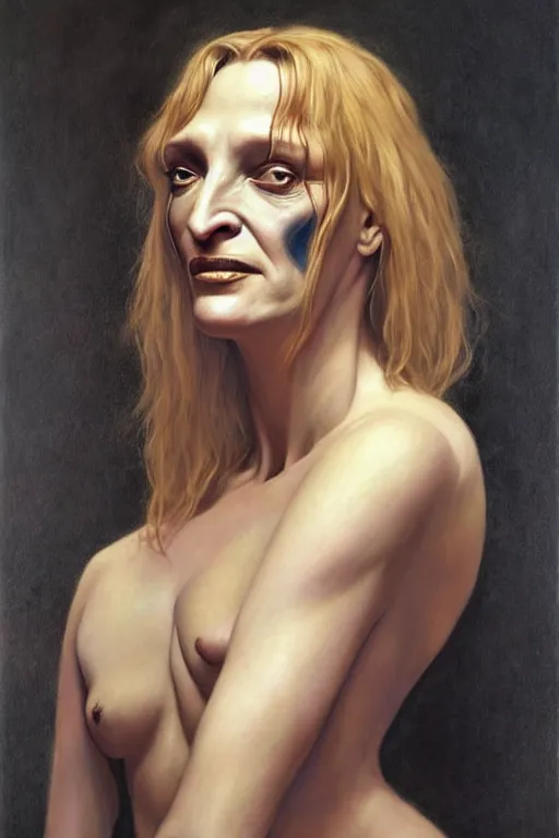 Prompt: an portrait of uma thurman in the style of wayne barlowe, gustav moreau, goward, bussiere, roberto ferri, santiago caruso, luis ricardo falero, austin osman spare