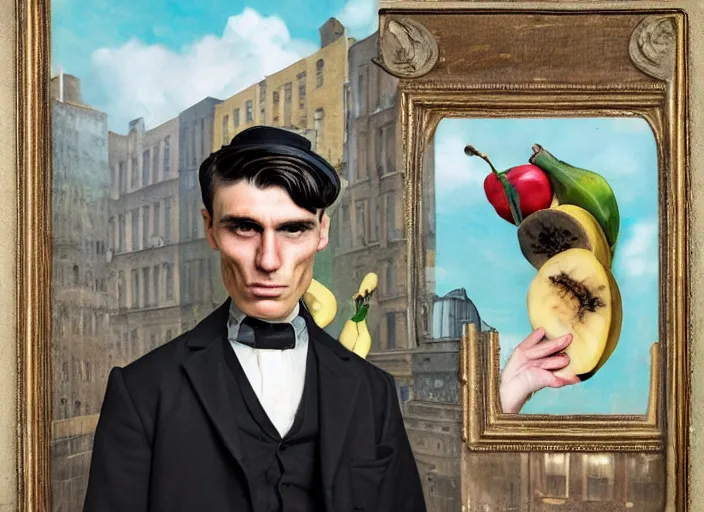 Image similar to thomas shelby in the form of a banana, lowbrow, matte painting, 3 - d highly detailed, in the style of mark ryden,