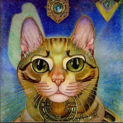 Image similar to masterpiece painting of a mechanical cloisonne cat head, by annie swynnerton and diego rivera and nicholas roerich and jean delville and janet fish, symbolist, dramatic lighting, god rays, art brut, rich colors, smooth, sharp focus, extremely detailed, adolf wolfli and ( donato giancola and bilibin )