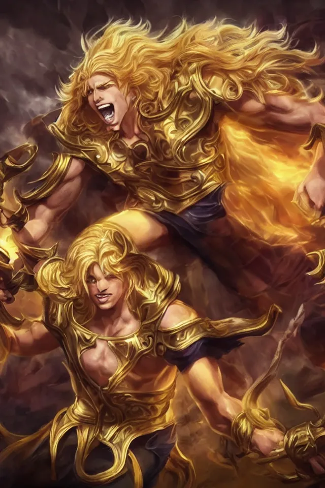 Image similar to Dio as a blond male demigod with beautiful long curly hair proclaiming victory over his subjects, grandiose royal palatial staging, official league of legends splash art, artstation HD