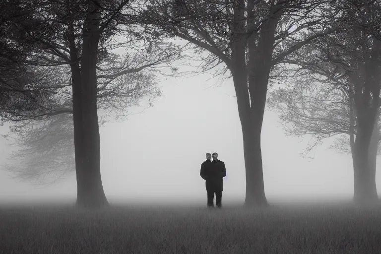 Image similar to a cinematic headshot portrait of a pair of twin middle aged males stood in a fog filled field, ultra realistic, depth, beautiful lighting