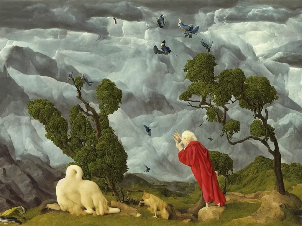 Prompt: albino mystic, with his back turned, looking at a storm over over the mountains in the distance, with the evolution of life, exotic bird, reptile, mammal. Painting by Jan van Eyck, Audubon, Rene Magritte, Agnes Pelton, Max Ernst, Walton Ford