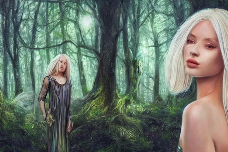 Image similar to realistic detailed portrait painting of a beautiful ghost woman with blond hair with an alien, futuristic sci-fi forest on background
