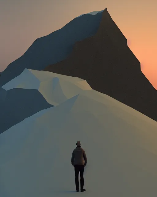 Prompt: a man standing in the middle of a mountain, a low poly render by filip hodas, behance contest winner, environmental art, rendered in cinema 4 d, volumetric lighting, low poly