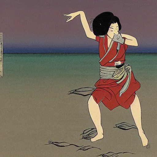 Image similar to Beautiful Japanese woman running from an old samurai on the beach Toshio Saeki, high detailed