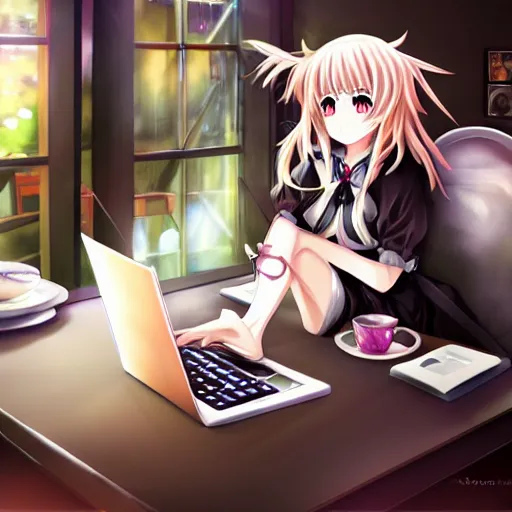 Prompt: marisa kirisame anime art, cafe, typing on laptop, touhou project