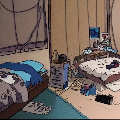 Prompt: a teenage boy's dark and slightly messy bedroom, super detail, studio ghibli