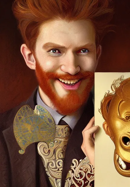 Image similar to a portrait of the happy mask salesman, grinning, ginger hair, handsome, intricate, elegant, highly detailed, digital painting, artstation, concept art, smooth, sharp focus, illustration, art by artgerm and greg rutkowski and alphonse mucha and william - adolphe bouguereau