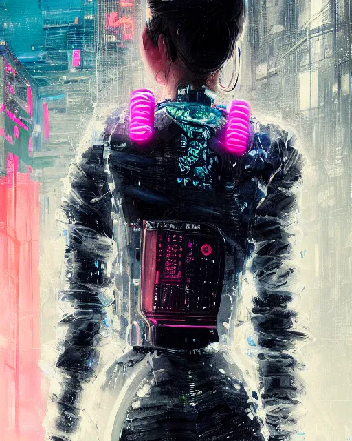 Image similar to detailed portrait Neon guard girl with short dark hair seen from the back, cyberpunk futuristic, reflective puffer jacket, black leggings, decorated with traditional ornaments in front of a dystopian crowd with piles of garbage by Ismail inceoglu dragan bibin hans thoma, Perfect face, fine details, realistic shaded, fine-face, pretty face