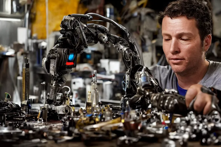 Prompt: cinematography closeup portrait of a Man soldering repairing robot parts in his garage by Neil blomkamp