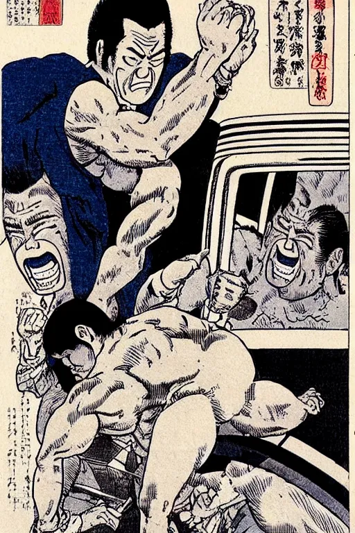 Image similar to antonio inoki crushes a bus with his bare hands, ukiyo - e art by ed roth and basil wolverton ), crisp