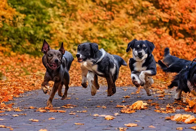 Image similar to dogs running through autumn leaves with motion blur towards the camera