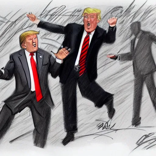 Prompt: highly detailed realistic sketch of donald trump fighting and yelling at a fbi agents, award winning , masterpiece on a scroll , post-processing