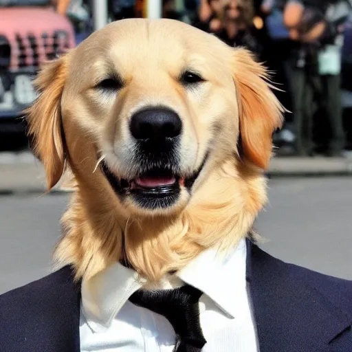 Image similar to a golden retriever with the head of tom cruise wearing a suit