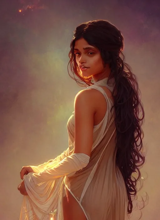 Prompt: cute brown woman wearing a transparent night gown, fantasy, intricate, highly detailed, digital painting, artstation, concept art, wallpaper, smooth, sharp focus, illustration, art by artgerm and greg rutkowski and alphonse mucha