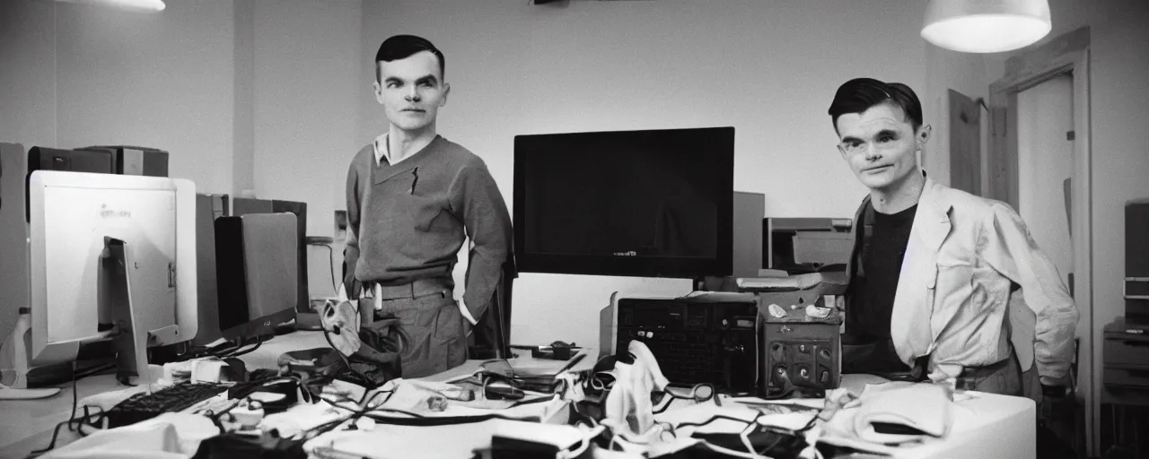 Prompt: alan turing proudly standing in front of his computer made out of spaghetti, canon 5 0 mm, cinematic lighting, photography, retro, film, kodachrome