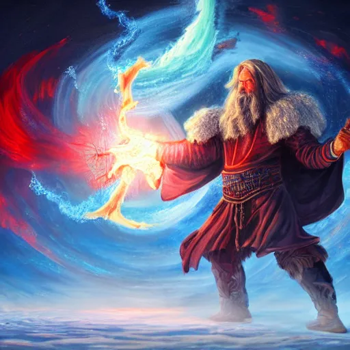 Image similar to Highly detailed oil painting, concept art, of a wizard casting a fireball spell, fighting against a huge ice giant, red and blue color scheme, concept art, highly detailed.