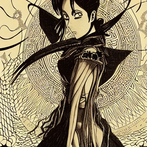 Image similar to precisely drawn illustration of anime spooky high priestess of an earth goddess, old-fashioned tarot card, victorian playing card, sepia tone, wide angle, sharp, fine details, anime, manga, cyberpunk, intense line art, 8k, precise linework, realistic, shaded lighting by katsuhiro otomo ghost-in-the-shell, magali villeneuve, artgerm, rutkowski Jeremy Lipkin and Giuseppe Dangelico Pino and Michael Garmash and Rob Rey