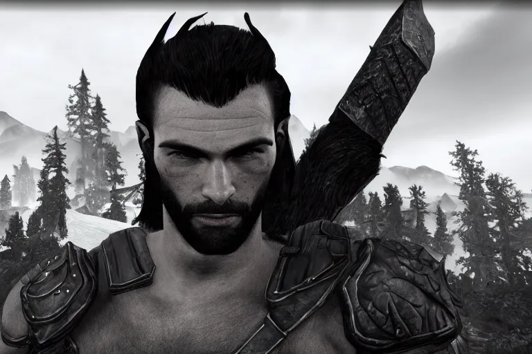 Image similar to gigachad in skyrim, ingame screenshot, black and white, high detailed