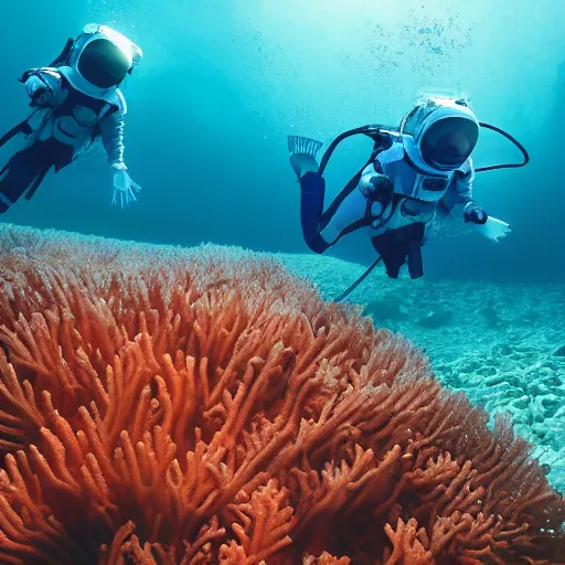 Prompt: an icredibly detailed photo of corals in maldives, two women in the spacesuit, the light penetrates the meeting and shines to the bottom of the sea, sharp focus, volumetric lighting, octane