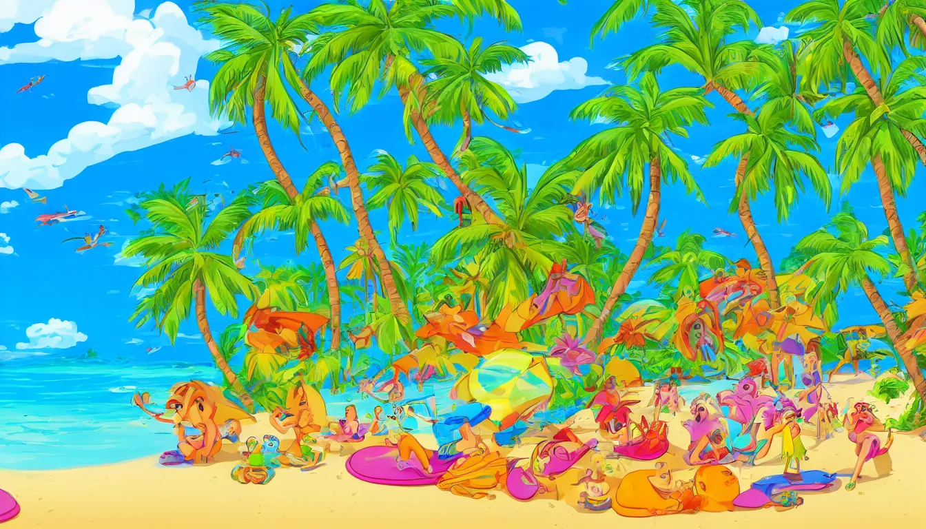 Image similar to a tropical beach scene, Disney cartoon, animation, high detail, colorful