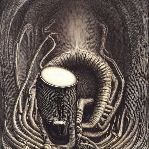 Prompt: eldritch lovecraftian steaming cup of coffee, sci-fi horror, Zdzisław Beksiński, H. R. Giger, Francis Bacon