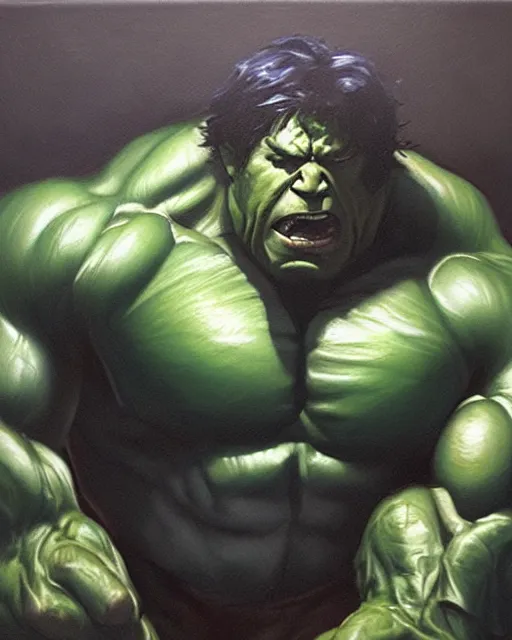 Image similar to a moody oil painting of the incredible hulk looking angry at noon in a city by simone bianchi