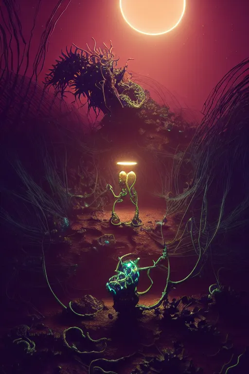 Image similar to dead god bioluminescent creature in a desert lush vegetation, warm tones, night, water reflection : : by michal karcz, daniel merriam, victo ngai and guillermo del toro : : ornate, dynamic, particulate, intricate, elegant, highly detailed, centered, artstation, smooth, sharp focus, octane render, 3 d