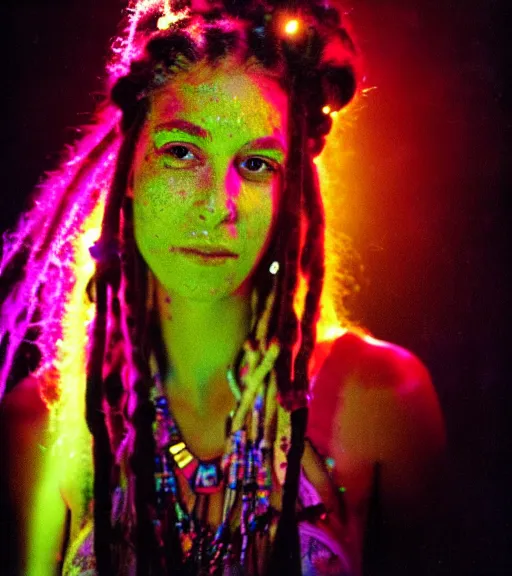 Prompt: portrait of a stunningly beautiful hippie girl with thin braids and dreadlocks dancing at a rave, rave lighting, stage lighting, lasers, spotlights, extremely colourful by bruce davidson