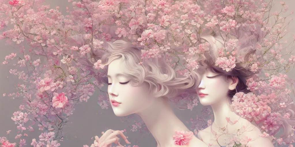 Image similar to breathtaking delicate detailed concept art painting pattern blend of flowers and girls, by hsiao - ron cheng, bizarre compositions, exquisite detail, pastel colors, 8 k