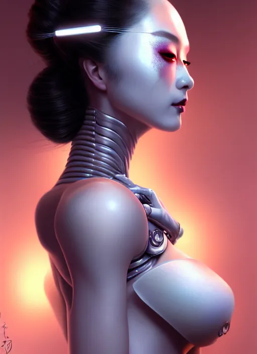 Prompt: organic seductive Geisha cyborg, pearlescent skin, diffuse lighting, fantasy, intricate, elegant, highly detailed, lifelike, photorealistic, digital painting, artstation, illustration, concept art, different full body view, smooth, sharp focus, art by John Collier and Albert Aublet and Leonardo da vinci and Krenz Cushart and Artem Demura and Alphonse Mucha