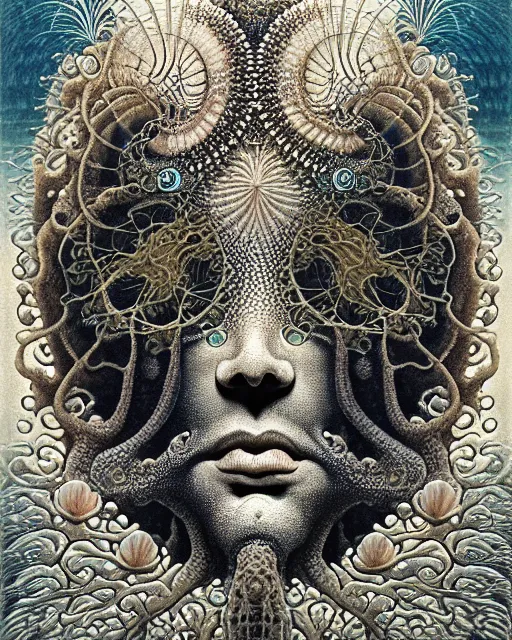 Image similar to realistic detailed underwater face portrait of the beautiful young god of the fish of the fractal waters with an intricate headgear of corals, sea kelp, sea plants, fish, starfish, jellyfish, art by ernst haeckel, zdzisław beksinski, hieronymus bosch, gothic, neo - gothic, ornamental, beautiful deep colours,