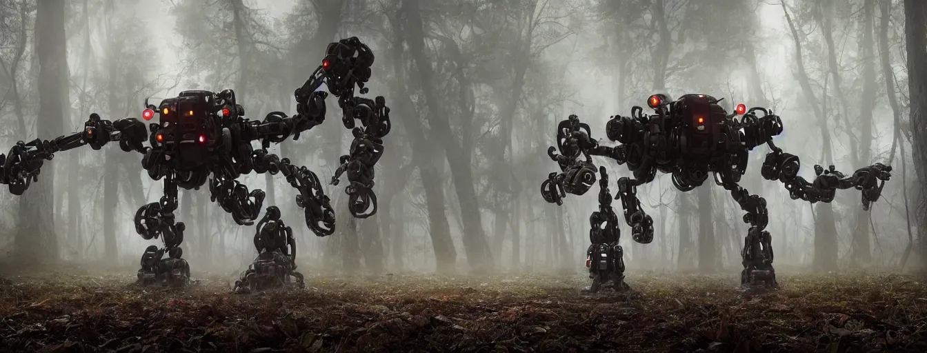 Image similar to image of terrific and creepy gigantic 8 - leg spider mech robot with volumetric lights, running and hunting remaining humans, hiding in a heavy rainy post - apocalyptic forest, high detail, dramatic moment, motion blur, ground fog, dark atmosphere, saturated colors, by james paick, render unreal engine - h 7 0 4