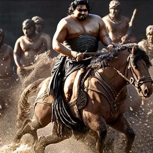 Prompt: tanmay bhat in bahubali ~ on a horse ~