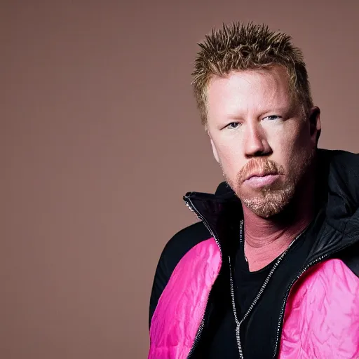 Image similar to professional portrait of james hetfield wearing a pink puffy jacket, very detailed, very intricate, dslr,