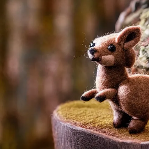 Prompt: high - res photograph of a felt sculpture diorama with cute fluffy forest critters, highly detailed sculpey diorama, forest setting, waterfall backdrop, realistic materials, wood, felt, cloth, burlap, smooth, sharp foccus, commercial product photography,