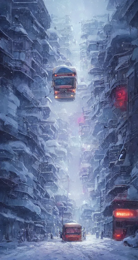 Image similar to A bus in a snowy city, bright, pretty, by Studio Ghibli and Greg Rutkowski, artstation