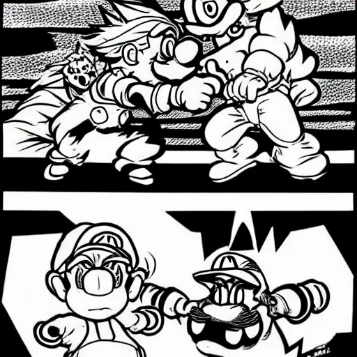 Prompt: Mario fighting Bowser in the style of Junji Ito, black and white, japanese horror, trippy, fantasy, manga, creepy, intense