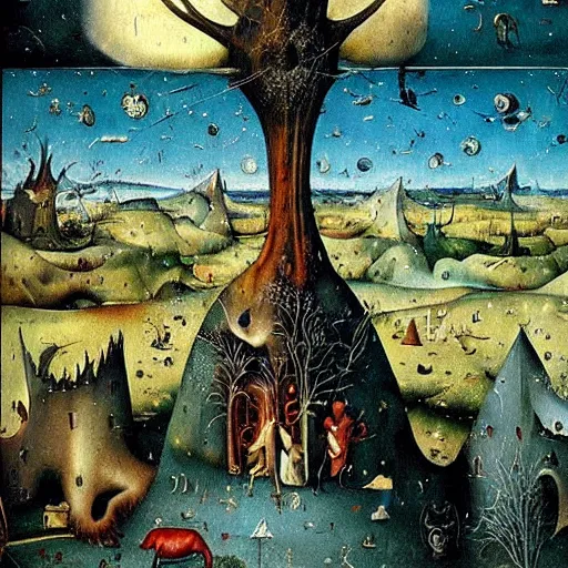 Image similar to hieronymous Bosch surreal landscape, artwork by Daniel Merriam,